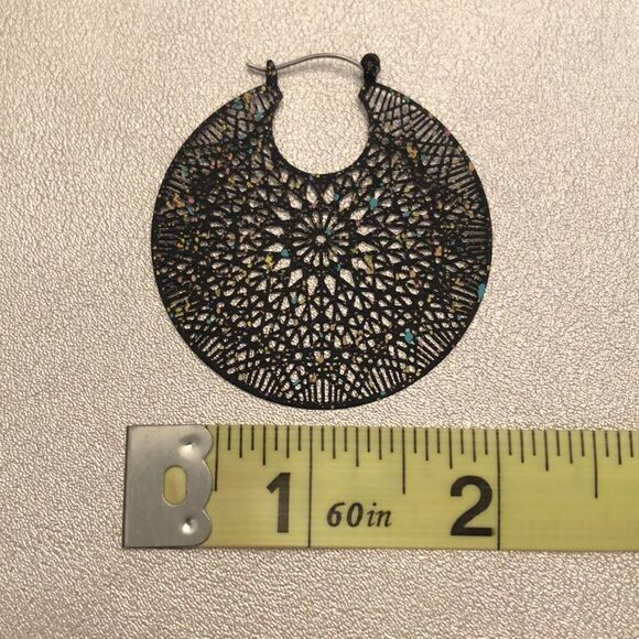 Black Filigree Hoops | Black with Multicolored Flecks | 2” Diameter - Picture 3 of 3